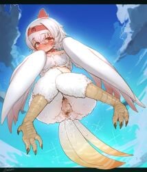 absurdres anchors anchors_(mono_eye_os) anus bird_legs bird_tail blue_sky blush breasts chicken_girl cleft_of_venus closed_mouth cloud commentary_request commission feathered_wings female flying hair_between_eyes hairband harpy highres indie_virtual_youtuber monster_girl pussy pussy_juice pussy_juice_trail red_eyes red_hairband short_hair signature sky small_breasts smile solo tail talons thank_you virtual_youtuber white_hair winged_arms wings