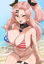 1girls aestheticc-meme american_flag_bikini big_breasts blush curvy_figure full_nelson huge_breasts looking_at_viewer nicole_demara tagme thick_thighs zenless_zone_zero