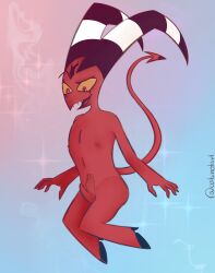 absurd_res anthro aroused aroused_face aroused_smile ass big_butt blitzo_(helluva_boss) blush bodily_fluids catsnotart demon digital_media_(artwork) erection genital_fluids genitals good_boy happy helluva_boss hi_res hooves horn humanoid imp looking_down male nipples nude nude_male penis pose precum slightly_chubby smile smirk solo suprised_look tail tail_wrapped tail_wrapped_around thick_thighs unwanted_erection vein veiny_penis