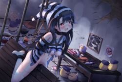 :o absurdres arms_behind_back azur_lane black_hair blush bondage bondage bottomless bound bound_arms breasts censored chain_around_neck chained_legs chains clothes_pull commentary_request crotch_rub crying crying_with_eyes_open female full_body highres identity_censor legs legs_folded long_hair medium_breasts midriff navel nipple_clamps nipples no_bra no_panties pamiat_merkuria_(azur_lane) pamiat_merkuria_(caged_minx)_(azur_lane) photo_(object) prison_cell prison_clothes pussy_juice pussy_juice_stain red_eyes restrained sex_toy shirt shirt_pull side_ponytail single_bare_shoulder solo stomach straddling striped_clothes striped_headwear striped_shirt tears thighhighs thighs torn_clothes torn_thighhighs vaginal_penetration very_long_hair wooden_horse xiaoye124