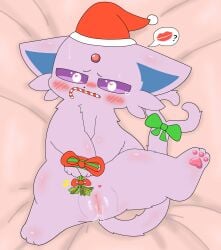 absurd_res bed blush blush_lines bodily_fluids bound candy candy_cane caroll christmas christmas_clothing christmas_headwear clothing dessert eeveelution espeon female feral food forked_tail fur furniture generation_2_pokemon genital_fluids genitals hat headgear headwear heart_eyes heart_symbol hi_res holidays kiss_mark looking_at_viewer mammal mistletoe nintendo on_bed paws pink_body pink_fur plant pokemon pokemon_(species) pussy santa_hat solo tail tears unusual_anatomy unusual_tail vaginal_fluids