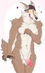 absurd_res anthro balls bodily_fluids brown_body brown_fur canid canine canis claws cum epic_games erection fortnite fur genital_fluids genitals headgear heart_symbol hi_res humanoid_genitalia humanoid_penis isaacyote_(artist) looking_at_viewer male mammal nervous_smile nude pawpads penis pubes shy simple_background solo tail wendell_(fortnite) white_body white_fur wolf