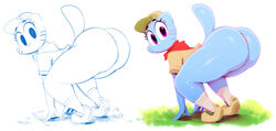 anus ass bent_over big_ass blue_fur blush bottomless cartoon_network clothed clothing feline fur hat headgear looking_at_viewer mammal nicole_watterson scout_uniform sunibee the_amazing_world_of_gumball