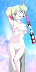 1girls baseball_bat blonde_hair blue_eyes breasts clown_makeup completely_nude completely_nude_female dc dc_comics dyed_hair female female_focus female_only harley_quinn harley_quinn_(suicide_squad_isekai) kiniro_tofu light-skinned_female light_skin lipstick looking_at_viewer nipples pussy suicide_squad_isekai twintails