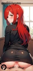 1boy ai_generated anus ass black_shirt blush closed_mouth clothed_female_nude_male clothed_sex curtains female from_behind hair_over_one_eye indoors long_hair long_sleeves looking_at_viewer looking_back orange_eyes parasoul penis pikkiwynn pov pussy red_hair sex sex_from_behind skirt skullgirls solo_focus straight torn_clothes vaginal_penetration window yellow_eyes