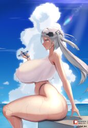 1girls areola areolae_visible_through_clothing artist_name azur_lane blue_eye breasts clothed clothing eagle_union_(azur_lane) gigantic_breasts grey_hair intrepid_(azur_lane) light-skinned_female light_skin nipple nipple_visible_through_clothing outdoors plane sahal_art shirt side_view sky twintails underboob water