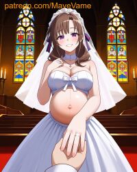 ai_generated barefoot belly breasts bride brown_hair mamako_oosuki pregnant tsuujou_kougeki_ga_zentai_kougeki_de_ni-kai_kougeki_no_okaasan_wa_suki_desu_ka? voluptous_milf voluptous_wonan wedding_dress