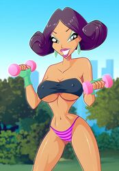 1girls bare_shoulders belly big_breasts bikini_bottom bimbo breasts cleavage cloud_tower_witch covered_breasts covered_nipples dumbbell earrings erect_nipples eyeshadow female female_only fingerless_gloves gloves grin jewelry large_breasts legs lips lipstick long_hair looking_at_viewer makeup navel nipples outside panties rainbow_(animation_studio) smile solo tabitha_(winx_club) teeth thighs tubetop voluptuous weightlifting weights winx_club zfive