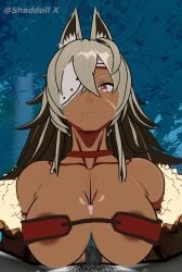3d abs big_breasts big_penis blush cat_ears crossover cum_on_breasts dark-skinned_female disgusted eyepatch female genshin_impact ghislaine_dedoldia hilichurls_(species) mushoku_tensei paizuri pubic_hair shaddoll_x small_bra small_penis stray_pubic_hair titfuck_under_clothes titjob unimpressed visible_areolae