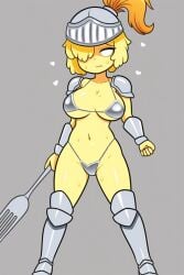 ai_generated armor armored_bikini eyes_covered food_creature fork forknight_(pizza_tower) gray_background knight knightnyan navel pizza_tower short_hair slime_girl tagme white_eyes