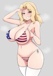 1girls american_flag_bikini bikini blonde_hair blue_eyes breasts cleavage female girls_und_panzer hi_res huge_breasts kay_(girls_und_panzer) large_breasts light-skinned_female light_skin long_hair naughty_face sleeptopi