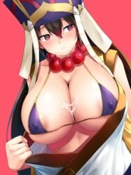 absurdres bead_necklace beads bikini blush breasts brown_hair collarbone cum cum_on_body cum_on_breasts cum_on_upper_body dutch_angle earrings erect_nipples fate/grand_order fate_(series) female hair_between_eyes hat highres hoop_earrings huge_breasts jewelry looking_to_the_side micro_bikini necklace no_bra oekakizuki purple_bikini purple_eyes red_background ringed_eyes simple_background solo swimsuit undressing upper_body xuanzang_(fate)