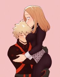 1boy 1boy1girl 1girls blonde_hair blonde_hair_female blonde_hair_male blush camie_utsushimi closed_eyes collar comfy cozy curvy curvy_female curvy_figure dressed fully_clothed fully_dressed hand_on_butt hand_on_hip hero hero_outfit_(mha) heroine hug hugging jumpsuit katsuki_bakugou lazyanart looking_at_partner muscular muscular_male my_hero_academia romantic romantic_couple spiked_hair straight warm warmth
