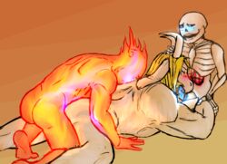 3boys animated_skeleton asgore_dreemurr bone caprine elemental fire_elemental gay goat grillby group group_sex male male_only mammal oral sans sex skeleton spitroast threesome undead undertale video_games yaoi