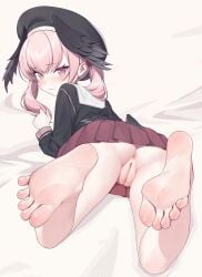 absurdres anus ass barefoot blue_archive blush feet feet_up female foot_focus foreshortening frilled_skirt frills head_wings highres junshijijiu koharu_(blue_archive) long_hair looking_at_viewer looking_back lying no_panties on_bed on_stomach pink_hair presenting_foot pussy sailor_collar sailor_shirt shirt skirt soles solo spread_toes the_pose toes twintails uncensored wings