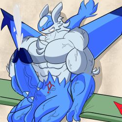 absurd_res aeon-but-buff anthro bodily_fluids cum generation_3_pokemon genital_fluids genitals hi_res latios legendary_pokemon male male/male masturbation muscular nintendo penis pokemon pokemon_(species) solo