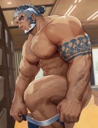 1boy abs bara dilf gay hairy hairy_male human looking_at_viewer male muscular muscular_male nude nude_male omochi_kuitai panties pecs pov pov_eye_contact solo solo_male undressing