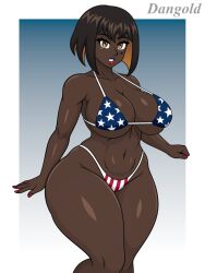 1girls american_flag_bikini arkana black_hair curvy dangold dark_skin highlights huge_breasts looking_at_viewer mole sole_female thick_thighs