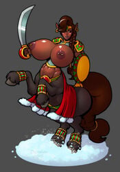 1girls big_breasts breasts brown_eyes centaur centauress dark-skinned_female dark_skin demien female gigantic_breasts huge_breasts hyper_breasts large_breasts large_nipples nipple_piercing nipples piercing taur