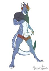 abs anthro balls biceps clothed clothing dragon flynx-flink hair horn male male_only muscular penis phrisco precum reptile scalie simple_background solo stripes uncut underwear