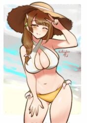 1girls ;) alternate_costume ass_visible_through_thighs bangs bare_midriff bare_thighs beauty_mark bikini blush braid breasts brown_hair cleavage female female_only fire_emblem fire_emblem_engage goldmary_(fire_emblem) goldmary_(summer)_(fire_emblem) hat large_breasts long_hair looking_at_viewer midriff mole mole_on_breast nintendo rotomdocs side_ponytail sideboob smile solo straw_hat swimsuit thighs v white_bikini white_swimsuit yellow_bikini yellow_eyes yellow_sweater