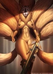 2016 anthro breasts brown_nipples canine doomthewolf female fox fur hi_res looking_at_viewer mammal multi_tail ninetails_(okami) nipples okami pussy solo thick_thighs weapon wide_hips yellow_fur