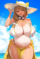 1girls ai_generated beach bikini blush_lines braided_hair brown_hair clouds fire_emblem fire_emblem_engage fire_emblem_heroes flowers goldmary_(fire_emblem) goldmary_(summer)_(fire_emblem) hand_over_breast hat hourglass_figure huge_breasts large_breasts looking_at_viewer pregnant pregnant_female sand sea seaside sky solo solo_female solo_focus sun_hat tagme tanline tharkica thick_thighs water white_bikini white_hat wide_hips yellow_eyes