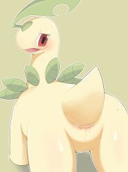 animal_genitalia aroused ass bayleef blush bodily_fluids cloaca cloaca_juice digital_media_(artwork) dinosaur elemental_creature eyelashes female feral flora_fauna generation_2_pokemon genital_fluids genitals glistening glistening_body glistening_thighs head_leaf hi_res horizontal_cloaca long_neck looking_back monotone_body narrowed_eyes nintendo nude one_eye_obstructed open_mouth plant pokemon pokemon_(species) prehistoric_species presenting presenting_cloaca presenting_hindquarters quadruped raised_tail rear_view red_eyes reptile saurischian sauropod sauropodomorph scalie seductive short_tail simple_background solo sweat tail tan_body thick_thighs tongue wasabi_(artist) wide_hips
