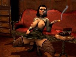 3d big_breasts bioshock bioshock_infinite black_hair breasts busty cigarette elizabeth_comstock elmeowth-sfm female female_focus female_only fishnets flashing going_commando hourglass_figure no_panties open_blouse smoking sofa squatting tagme upskirt wide_hips