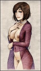 2014 areolae bioshock bioshock_infinite black_hair blue_eyes breasts brown_hair busty choker dark_nipples elizabeth_comstock female female_focus female_only hourglass_figure large_breasts navel nipples pubes pubic_hair pussy short_hair smile solo standing vagina wickedj wide_hips