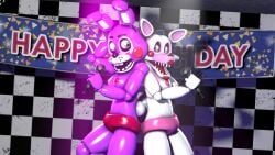 4k animatronic breasts breasts bunny bunny_ears bunny_girl checkered_background checkered_wall disboi215 duo five_nights_at_freddy's five_nights_at_freddy's:_sister_location five_nights_at_freddy's_2 fnaf fox fox_ears fox_girl fox_tail green_eyes happy highres mangle_(fnaf) mic microphone pink_nipples pink_shorts purple_body purple_skin rabbit rabbit_tail red_lipstick red_nipples red_shorts robot rosy_cheeks sfm shiny_skin short_shorts shorts singing source_filmmaker toy_bonnet_(fnaf) white_body white_skin yellow_eyes