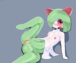 absurd_res blush breasts female generation_3_pokemon genitails genitals green_body green_hair hair hi_res humanoid kirlia looking_at_viewer medium_breasts multicolored_body nintendo nipples onojeff open_mouth pink_nipples pokemon pokemon_(species) pussy red_eyes solo spread_legs spreading two_tone_body white_body