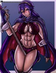 1girls abs bare_midriff bare_thighs blue_background blue_eyes blue_hair boots bra breasts cape corvo_caotico falchion_(fire_emblem) female female_only fingerless_gloves fire_emblem fire_emblem_awakening gloves grin kneeling long_hair looking_at_viewer lucina_(fire_emblem) medium_breasts midriff naughty_face nintendo o-ring panties pink_bra pink_eyes pink_panties smile solo sword thighs underwear weapon