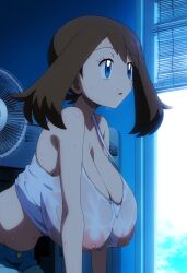 2024 ai_art ai_generated alternate_breast_size anime_style areolae big_breasts blue_eyes brown_hair cleavage denim_shorts erect_nipples female female_focus female_only gamefreak hanging_breasts huge_breasts human may_(pokemon) mayday_(artist) navel nintendo nipples no_bra pokemon pokemon_(anime) see-through see-through_clothing solo solo_female solo_focus sweat tank_top transparent_clothing wet_clothes