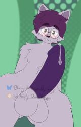 anthro balls blush bodily_fluids close-up dripping dumbfeline eyewear felid feline fur genital_fluids genitals glasses hair hi_res male mammal penis perry_(dumbfeline) precum purple_body purple_fur purple_hair purple_penis solo