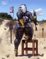 2024 accipitrid accipitriform american_flag anthro ass avian bald_eagle barely_visible_genitalia barely_visible_pussy beak big_butt bird black_body bracelet breasts clothing day eagle feathers feet female footwear genitals gun hi_res high_heels jewelry m16 m4 multicolored_body non-mammal_breasts nude outside pussy ranged_weapon sea_eagle signature sligarthetiger solo texas_flag thick_thighs toes united_states_of_america weapon white_body white_feathers yellow_body
