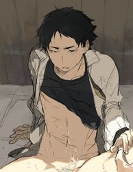 1boy after_sex akaashi_keiji black_hair bottomless cum cum_on_body haikyuu!! male_only pov solo tagme undressing