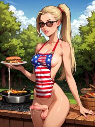 1futa 4th_of_july ai_generated american_flag apron apron_only balls bbq breasts cooking cum dickgirl erect_penis erection futa_only futanari grilling intersex looking_at_viewer makychan mostly_clothed outdoors outside partially_clothed patriotic_clothing penis penis_out penis_under_apron