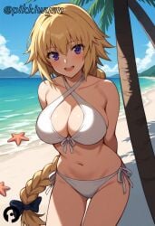 ai_generated arms_behind_back bangs bare_shoulders beach bikini blonde_hair blue_sky blush bow braid breasts cleavage collarbone day fate/apocrypha fate/grand_order fate_(series) female hairbow halterneck jeanne_d&#039;arc_(fate) large_breasts long_hair looking_at_viewer navel ocean open_mouth outdoors pikkiwynn purple_eyes side-tie_bikini_bottom sky smile solo starfish swimsuit thighs tree very_long_hair white_bikini