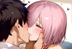 1boy 1boy1girl 1girl1boy ai_generated black_hair closed_eyes fate/grand_order fate_(series) female french_kiss french_kissing fujimaru_ritsuka_(male) hand_mark hand_on_another's_face happy heart kissing love mash_kyrielight pink_hair purple_eyes short_hair smile