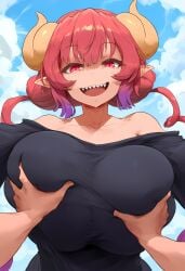 1boy 1girls ai_generated bedroom_eyes big_breasts breast_grab breast_squeeze breasts_bigger_than_head fangs femdom gigantic_breasts ginormous_breasts huge_breasts ilulu_(dragon_maid) kobayashi-san_chi_no_maidragon lizard_brain looking_at_viewer looking_down looking_down_at_viewer miss_kobayashi's_dragon_maid nipples nude questionable_consent small_dom_big_sub