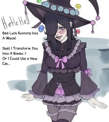 big_breasts bimbo bimbofication blush blush_lines breast_squeeze cleavage digital_media_(artwork) dress fangs female hat horny huge_breasts lipstick moffin open_mouth pussy_juice speech_bubble stockings sweaty_body thick_thighs thighhighs threat threatening transformation transformation_through_magic twintails underwear wet witch witch_hat