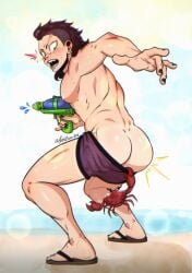 accidental_exposure accidental_nudity antibooart ass beach blush crab embarrassed genya_shinazugawa kimetsu_no_yaiba male male_focus male_only muscular muscular_male painted_nails pecs solo solo_focus solo_male surprised swimming_trunks