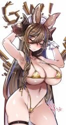 1girls animal_ears arms_up bikibi blue_hair blush breasts brown_hair closed_eyes female galleon_(granblue_fantasy) gloves halterneck harigane_shinshi highleg highleg_bikini horns large_breasts long_hair navel pointy_ears side-tie_bikini simple_background smile solo streaked_hair swimsuit thigh_strap very_long_hair white_background