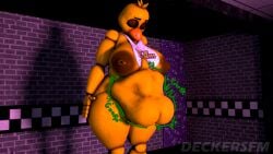 belly belly_expansion big_breasts big_hips chica_(fnaf) deckersfm digestion digestion_noises digestion_sequence five_nights_at_freddy's imprint prey_outline struggling struggling_prey vore vore_belly