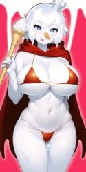 ai_generated big_breasts bikini blue_eyes cape carrot_nose crown food_creature ice_cream knightnyan looking_at_viewer melting mixue mixue_(character) red_background short_hair staff standing tongue white_skin