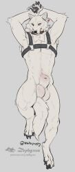 2025 animal_genitalia anthro athletic athletic_anthro athletic_male balls big_balls big_sheath biped canid canine canis claws collar digital_media_(artwork) digitigrade finger_claws fully_sheathed fur genitals harness heart_symbol looking_at_viewer male male_anthro mammal monotone_body monotone_fur neck_tuft nude_anthro nude_male paws sheath solo toe_claws tuft white_body white_fur wolf yellow_eyes zephyxus
