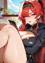 1girls ai_generated bare_legs cleavage hoodie looking_at_viewer luscious_lips nihilous on_phone ponytail red_hair smooth_skin sweatdrop thick_thighs wuthering_waves yinlin_(wuthering_waves)
