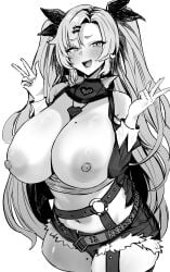 belt blush breasts breasts_out double_w female greyscale hair_ornament hair_ribbon hairclip highres hotate-chan jewelry large_breasts mole mole_on_breast mole_under_eye monochrome necklace nicole_demara ribbon short_shorts shorts solo two_side_up w zenless_zone_zero