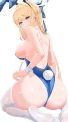 absurdres animal_ears ass back blonde_hair blue_archive blue_eyes blue_hair blue_leotard blush braid breasts cleaning_&amp;_clearing_(blue_archive) closed_mouth detached_collar fake_animal_ears fake_tail female hair_between_eyes highres leotard long_hair medium_breasts millennium_science_school_student multicolored_hair no_shoes official_alternate_costume partially_visible_vulva rabbit_ears rabbit_tail simple_background solo strapless strapless_leotard streaked_hair tail thighhighs toes toki_(blue_archive) toki_(bunny)_(blue_archive) usagi_poi white_background white_thighhighs